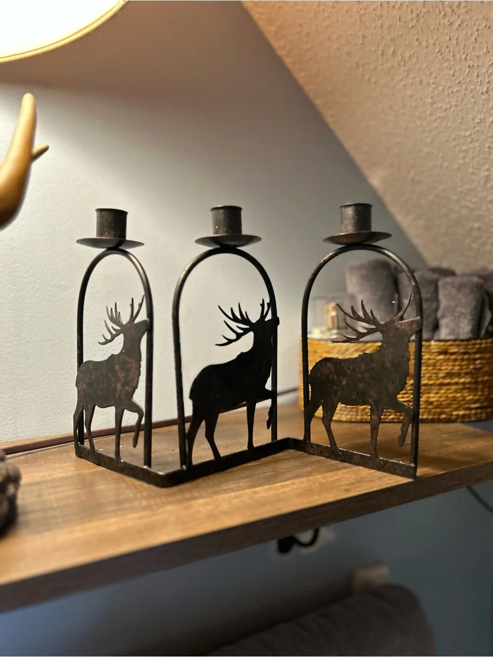 Festive Rustic Metal Cabin Buck Deer Triple Candlestick Holder